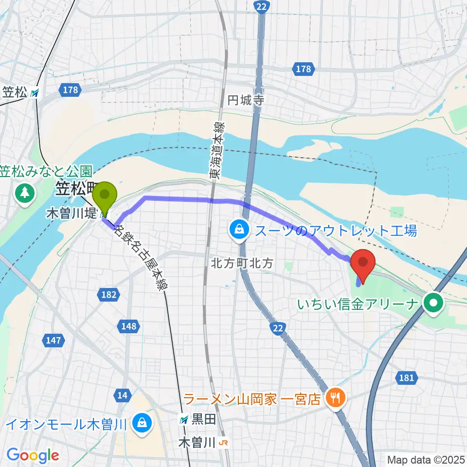 木曽川堤駅から光明寺公園球技場へのルートマップ地図