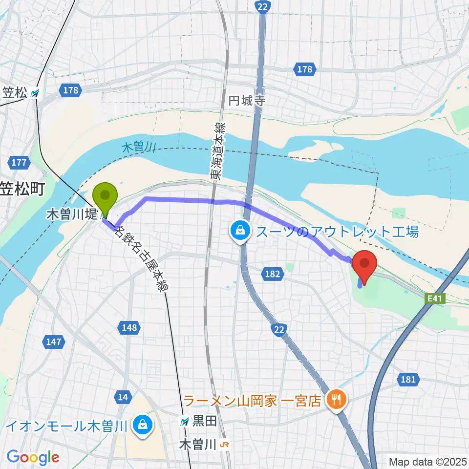 木曽川堤駅から光明寺公園球技場へのルートマップ地図