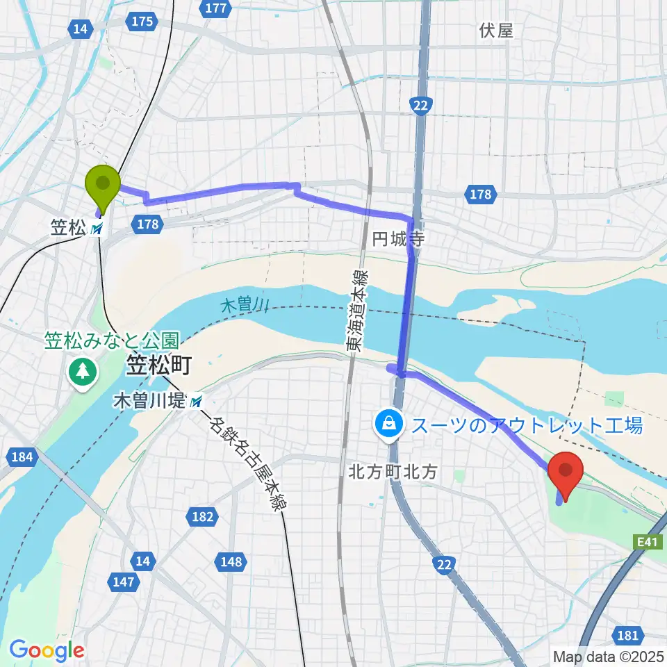 笠松駅から光明寺公園球技場へのルートマップ地図