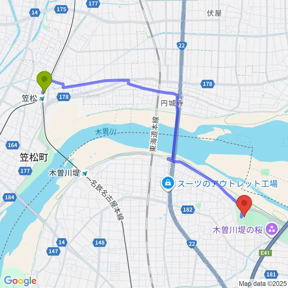 笠松駅から光明寺公園球技場へのルートマップ地図