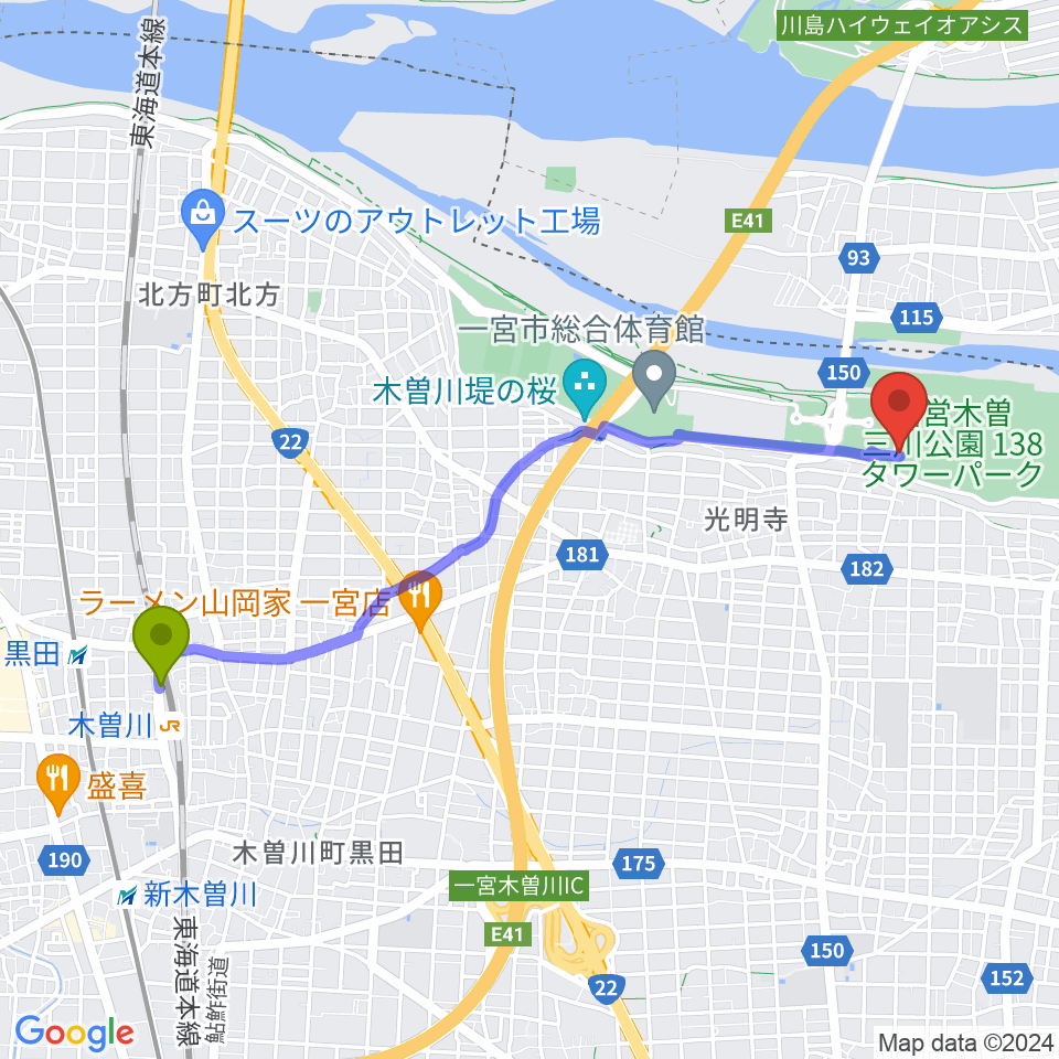 138タワーパーク野外ステージの最寄駅木曽川駅からの徒歩ルート（約46分）地図