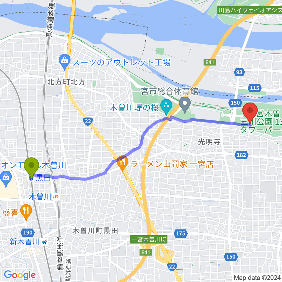 黒田駅から138タワーパーク野外ステージへのルートマップ地図