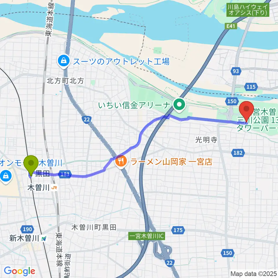 黒田駅から138タワーパーク野外ステージへのルートマップ地図