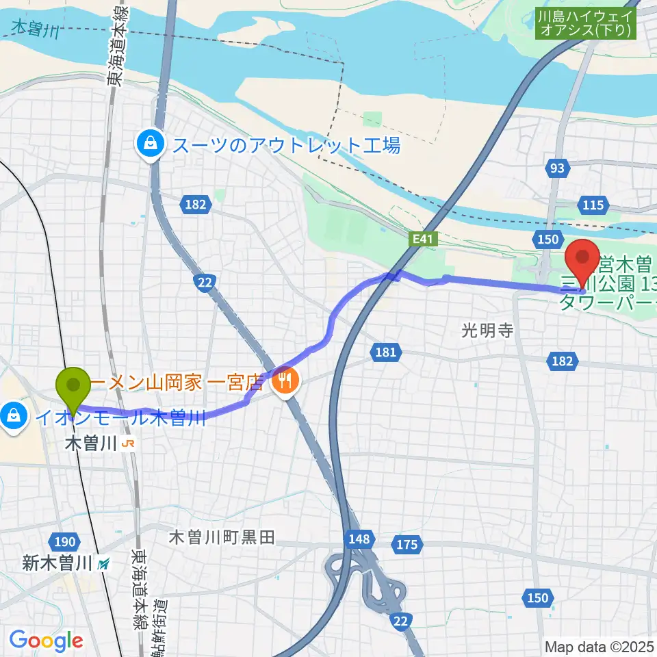 黒田駅から138タワーパーク野外ステージへのルートマップ地図