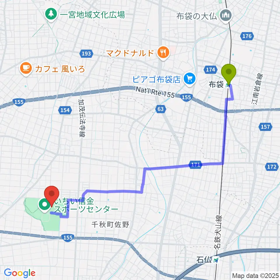 布袋駅からいちい信金スポーツセンター陸上競技場へのルートマップ地図