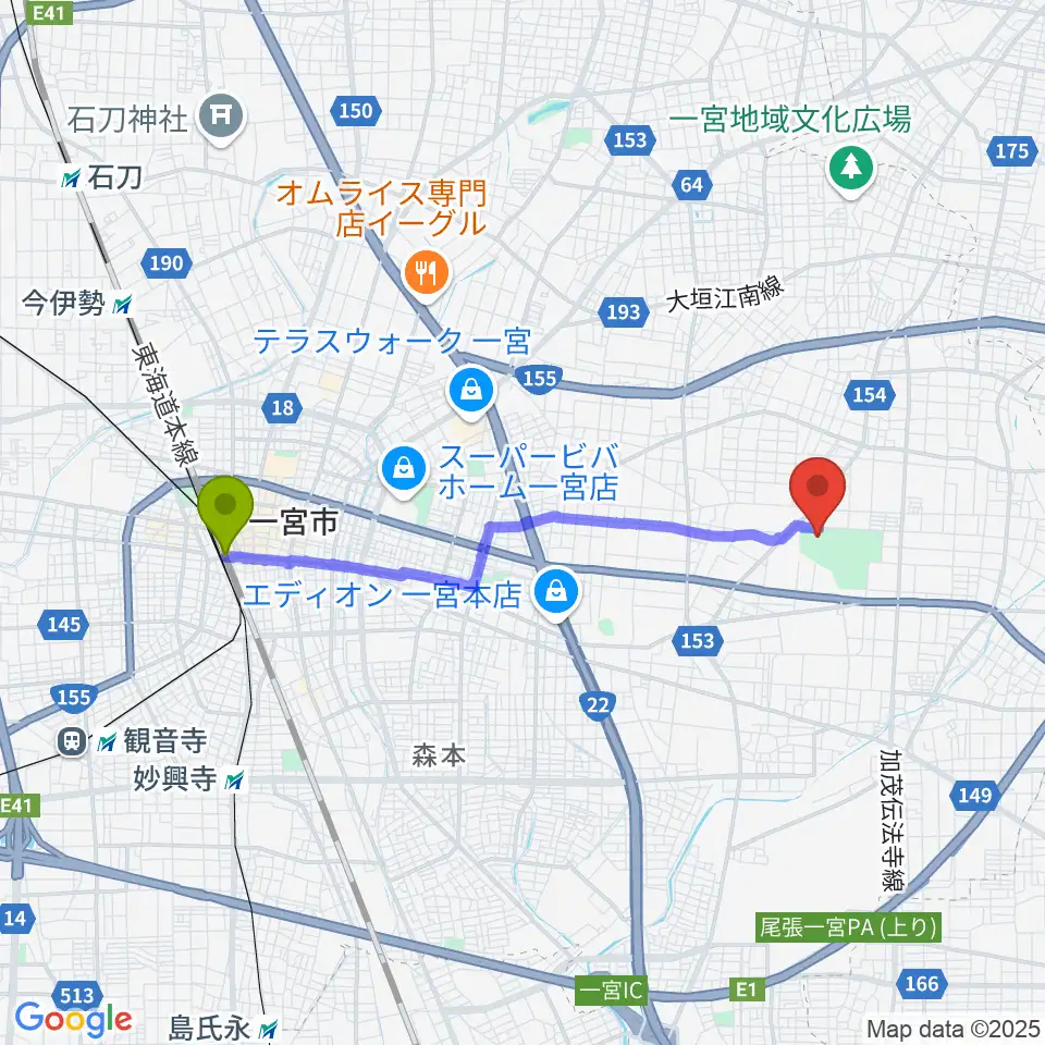 尾張一宮駅からいちい信金スポーツセンター野球場へのルートマップ地図