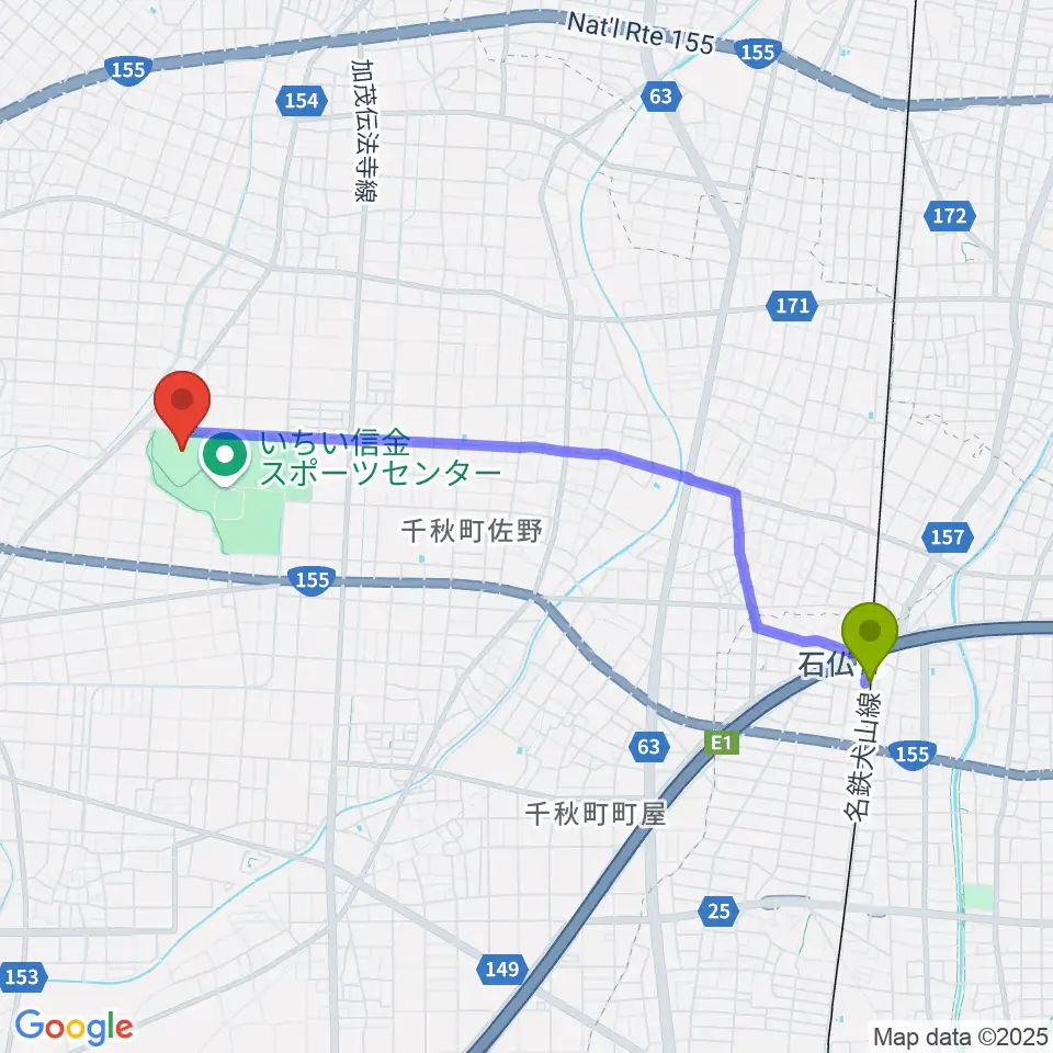 いちい信金スポーツセンター野球場の最寄駅石仏駅からの徒歩ルート（約43分）地図