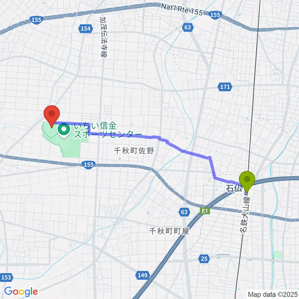 いちい信金スポーツセンター野球場の最寄駅石仏駅からの徒歩ルート（約43分）地図