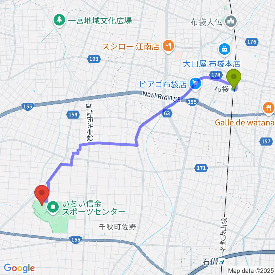 布袋駅からいちい信金スポーツセンター野球場へのルートマップ地図