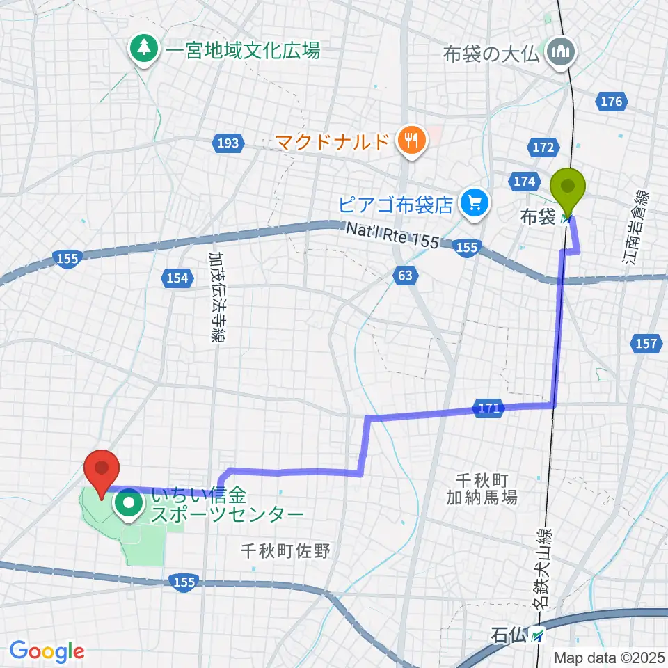 布袋駅からいちい信金スポーツセンター野球場へのルートマップ地図