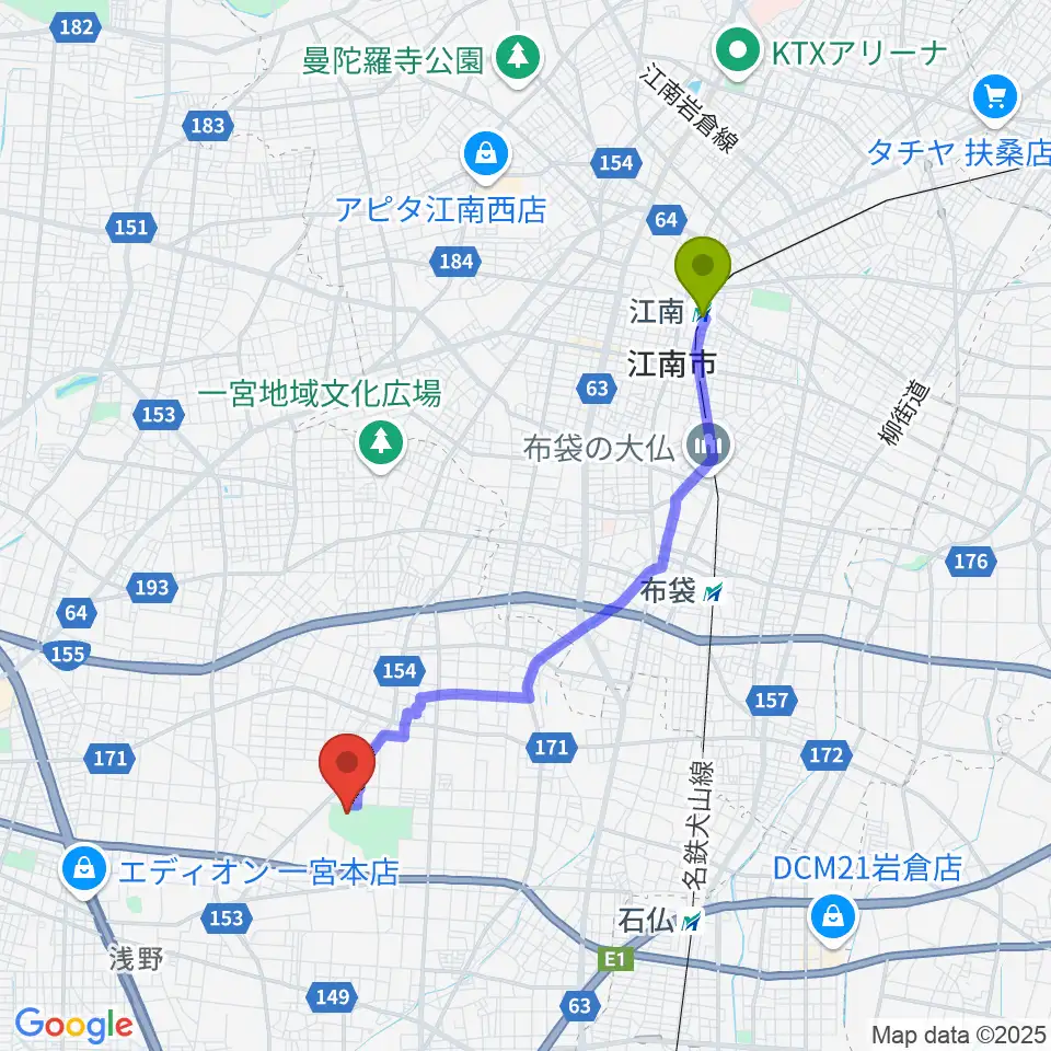 江南駅からいちい信金スポーツセンター野球場へのルートマップ地図
