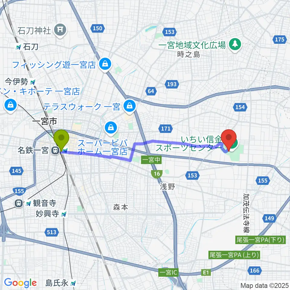 尾張一宮駅からいちい信金スポーツセンターサッカー場へのルートマップ地図