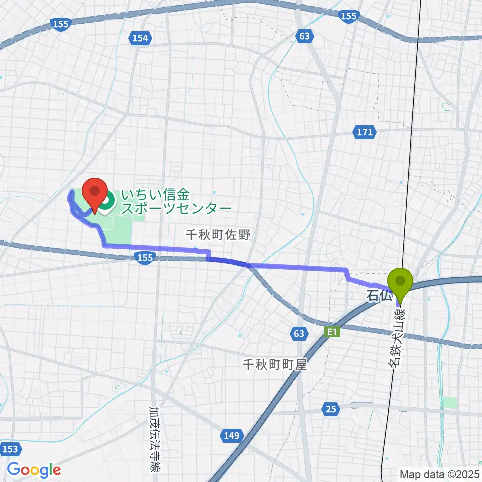 いちい信金スポーツセンターサッカー場の最寄駅石仏駅からの徒歩ルート（約41分）地図