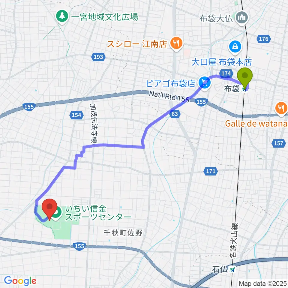布袋駅からいちい信金スポーツセンターサッカー場へのルートマップ地図