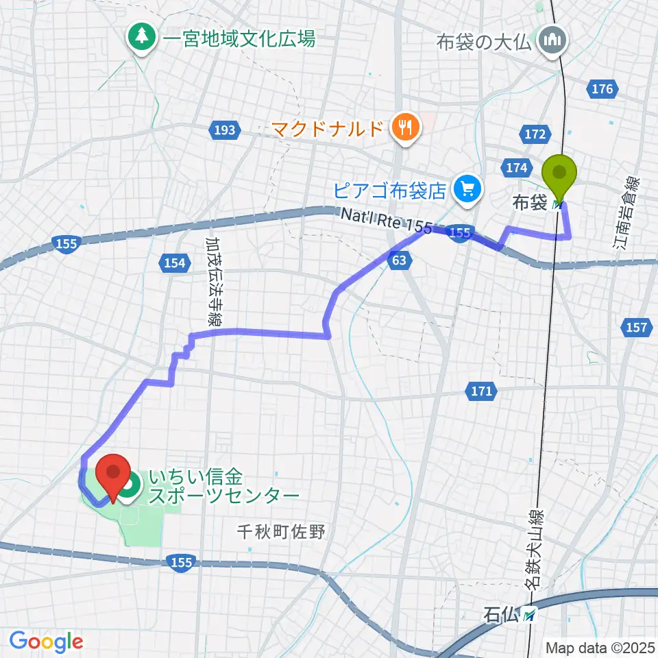 布袋駅からいちい信金スポーツセンターサッカー場へのルートマップ地図