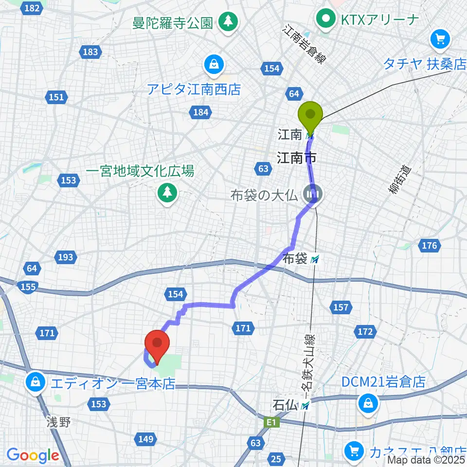 江南駅からいちい信金スポーツセンターサッカー場へのルートマップ地図