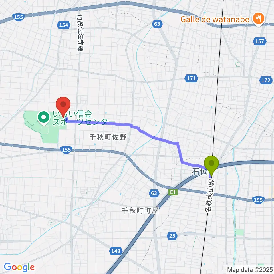いちい信金スポーツセンター多目的競技場の最寄駅石仏駅からの徒歩ルート（約36分）地図