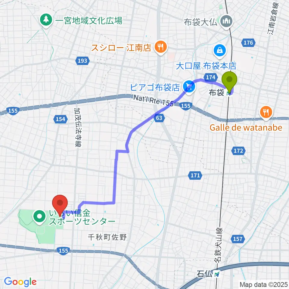 布袋駅からいちい信金スポーツセンター多目的競技場へのルートマップ地図