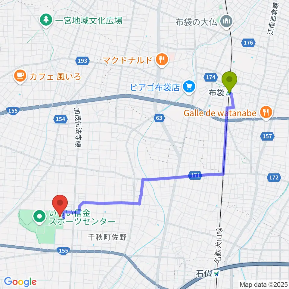 布袋駅からいちい信金スポーツセンター多目的競技場へのルートマップ地図