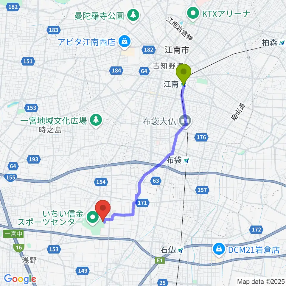 江南駅からいちい信金スポーツセンター多目的競技場へのルートマップ地図