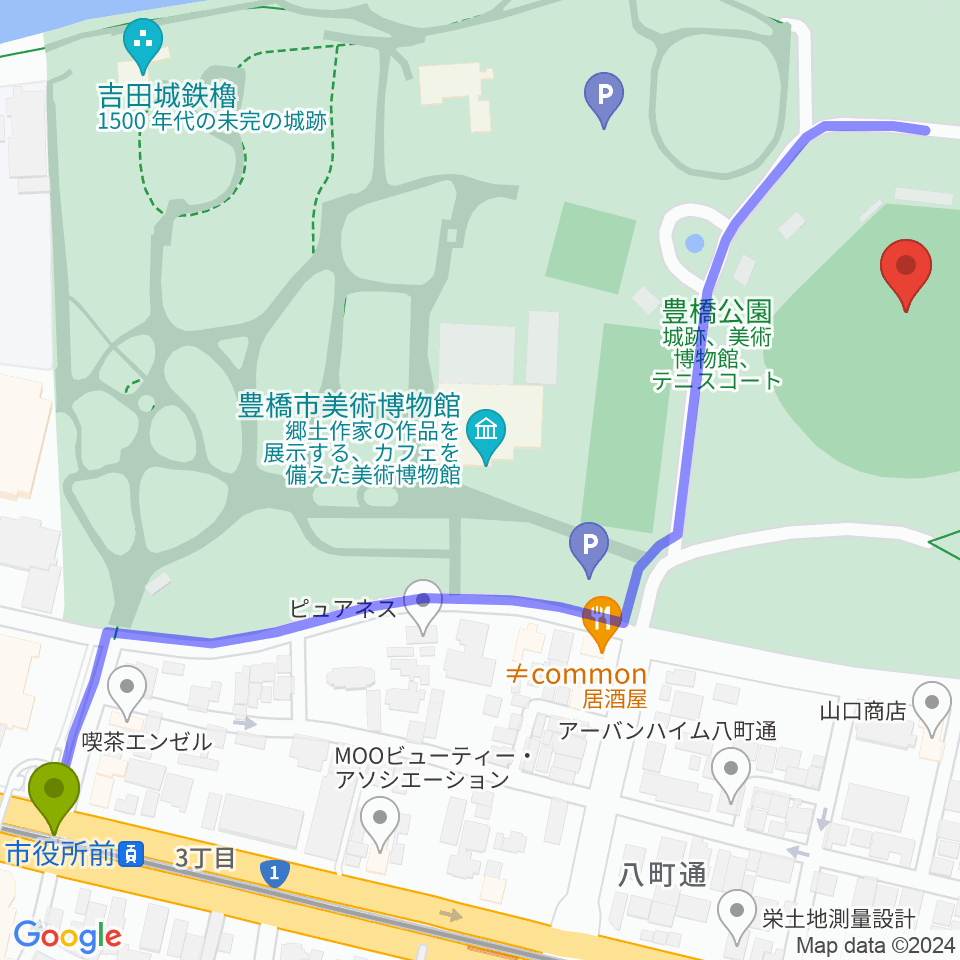 市役所前駅から豊橋球場へのルートマップ地図