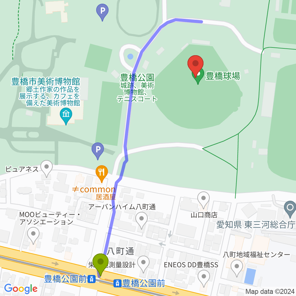 豊橋球場の最寄駅豊橋公園前駅からの徒歩ルート（約6分）地図