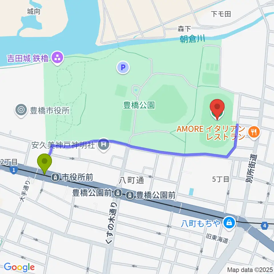 市役所前駅から豊橋市陸上競技場へのルートマップ地図
