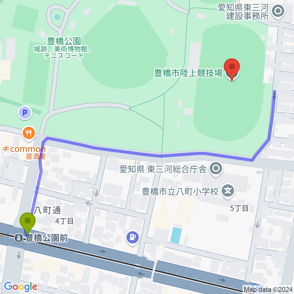 豊橋公園前駅から豊橋市陸上競技場へのルートマップ地図