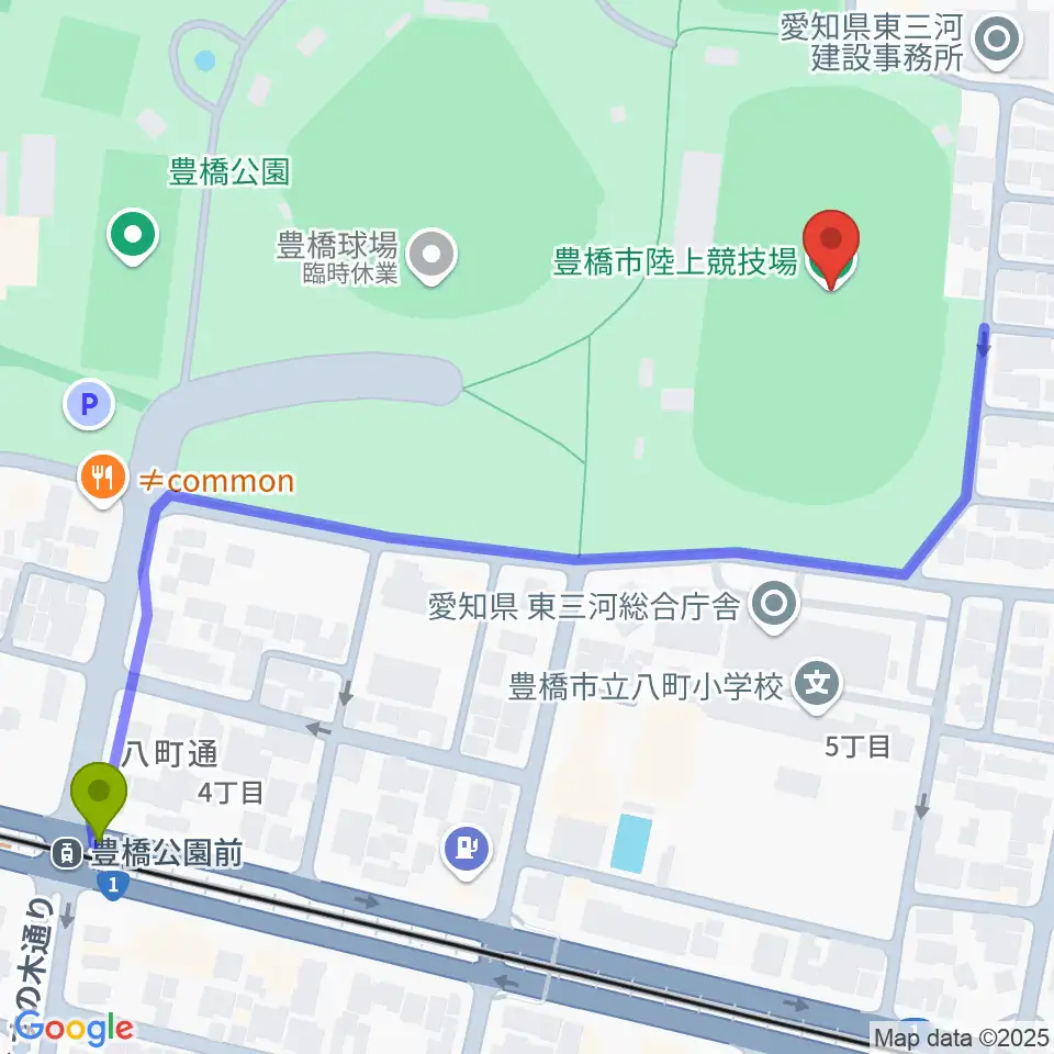 豊橋公園前駅から豊橋市陸上競技場へのルートマップ地図