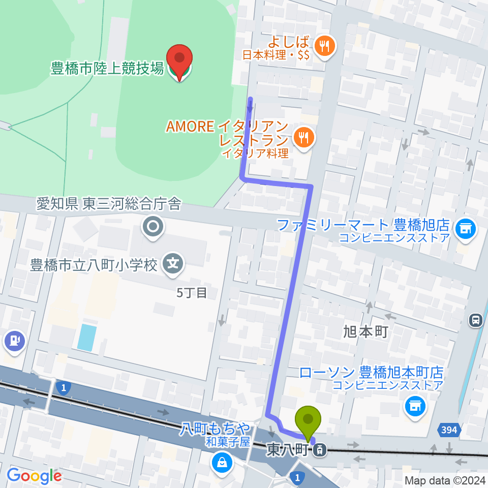 豊橋市陸上競技場の最寄駅東八町駅からの徒歩ルート（約6分）地図
