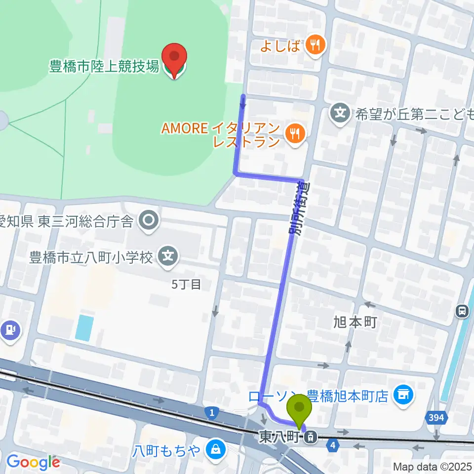 豊橋市陸上競技場の最寄駅東八町駅からの徒歩ルート（約6分）地図