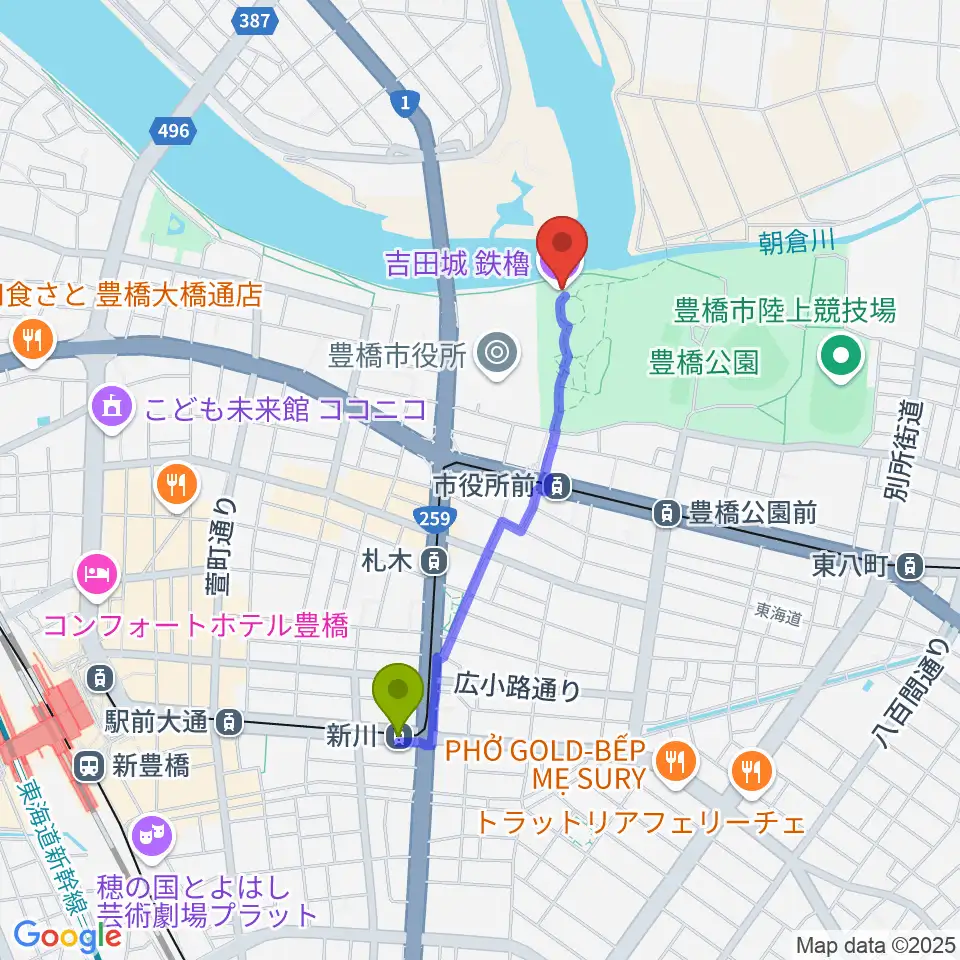 新川駅から吉田城鉄櫓資料館へのルートマップ地図