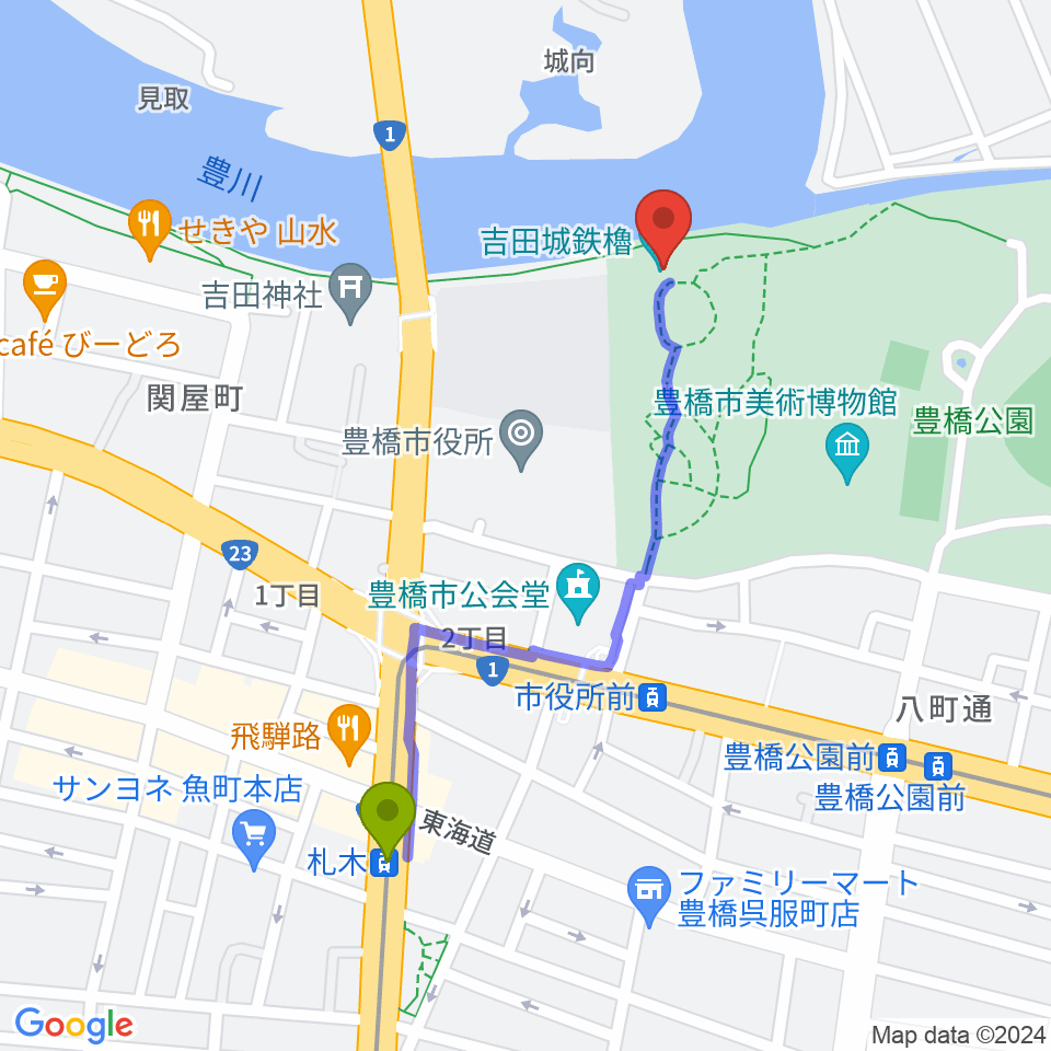 札木駅から吉田城鉄櫓資料館へのルートマップ地図