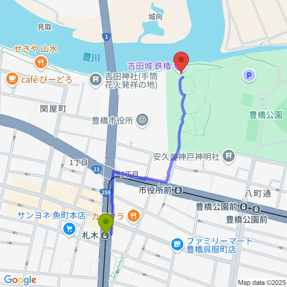 札木駅から吉田城鉄櫓資料館へのルートマップ地図