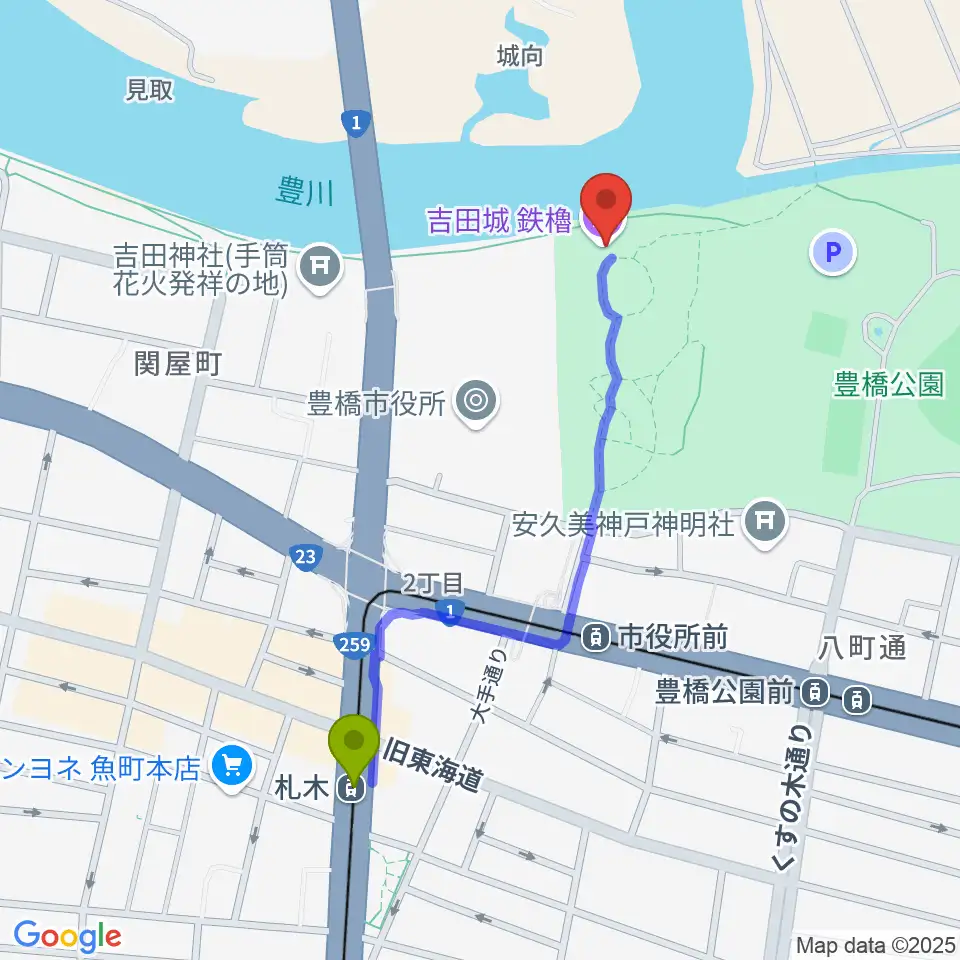 札木駅から吉田城鉄櫓資料館へのルートマップ地図