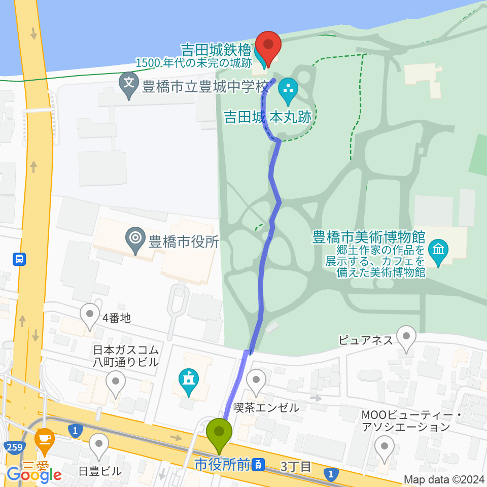 吉田城鉄櫓資料館の最寄駅市役所前駅からの徒歩ルート（約6分）地図