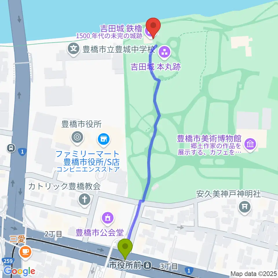 吉田城鉄櫓資料館の最寄駅市役所前駅からの徒歩ルート（約6分）地図