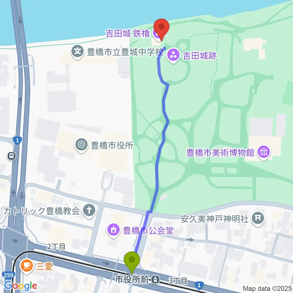 吉田城鉄櫓資料館の最寄駅市役所前駅からの徒歩ルート（約6分）地図