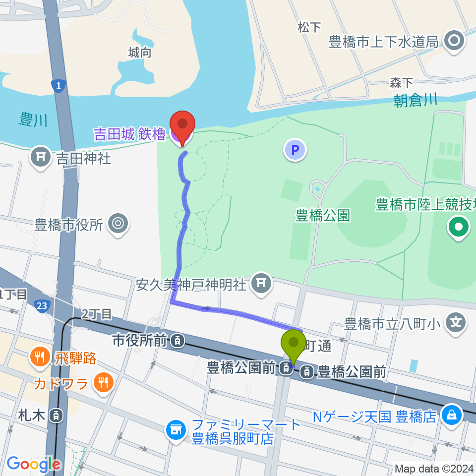 豊橋公園前駅から吉田城鉄櫓資料館へのルートマップ地図