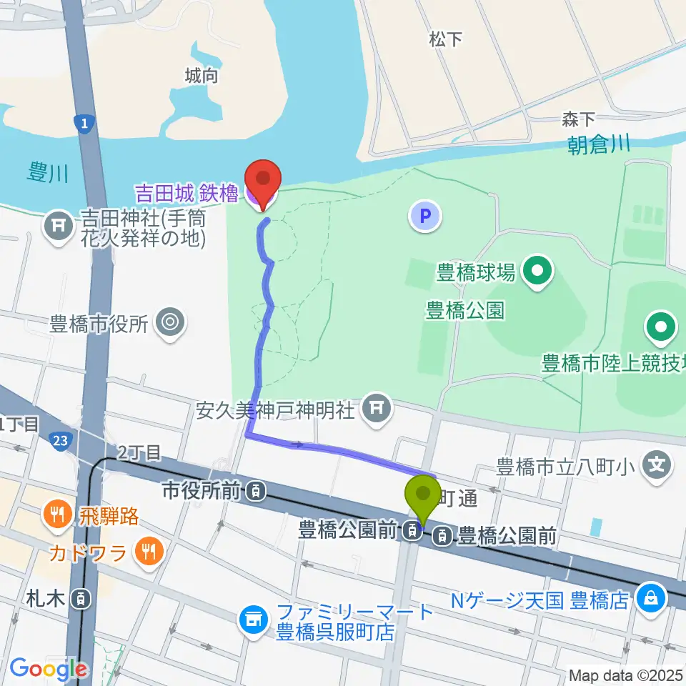 豊橋公園前駅から吉田城鉄櫓資料館へのルートマップ地図