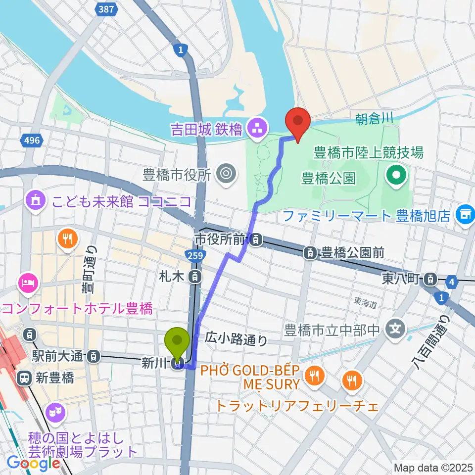 新川駅から豊橋市三の丸会館へのルートマップ地図