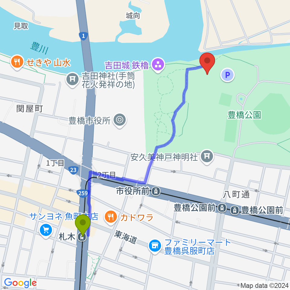 札木駅から豊橋市三の丸会館へのルートマップ地図