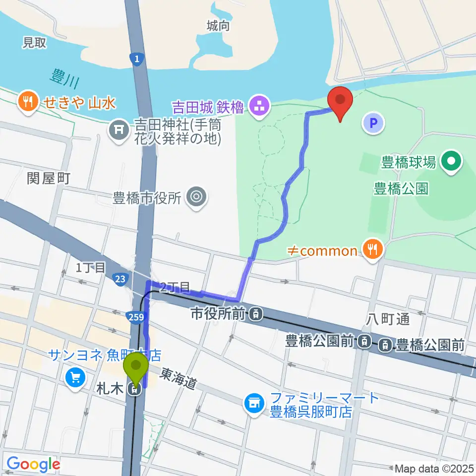 札木駅から豊橋市三の丸会館へのルートマップ地図