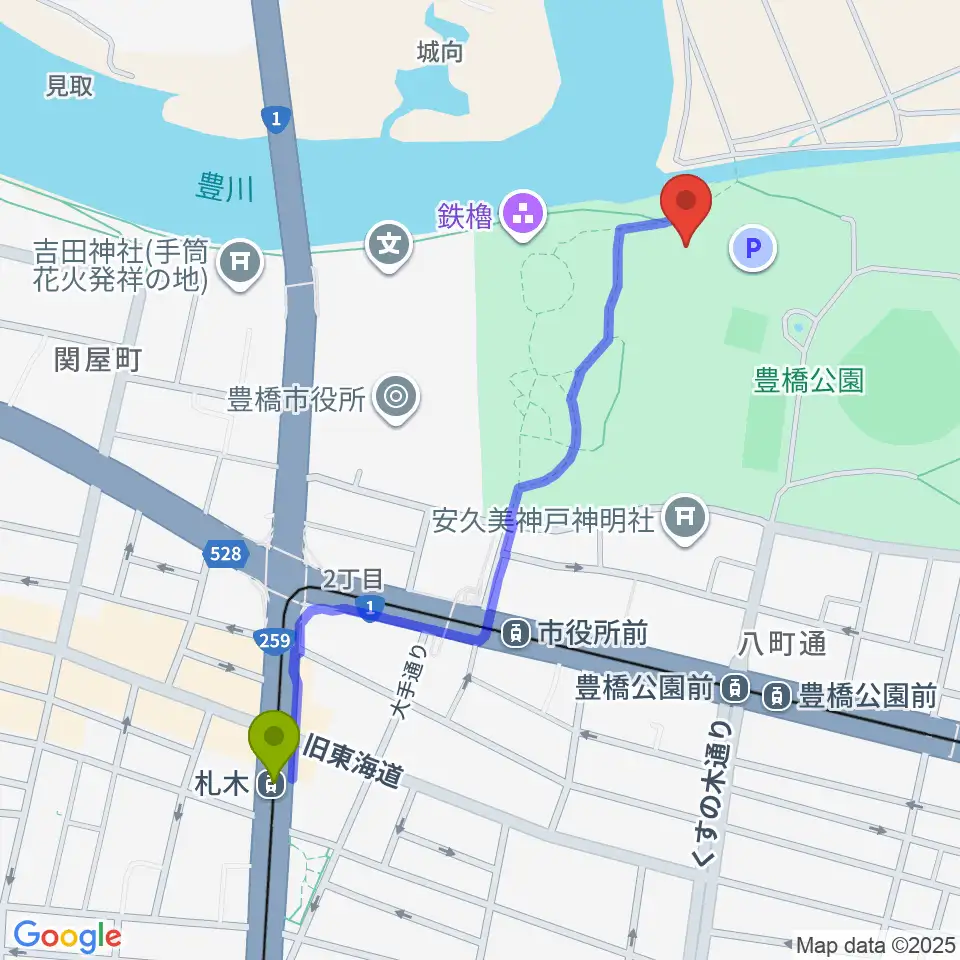 札木駅から豊橋市三の丸会館へのルートマップ地図