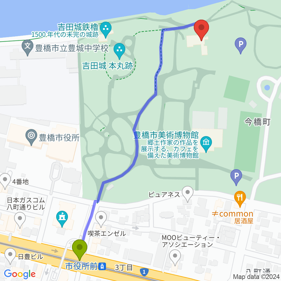 豊橋市三の丸会館の最寄駅市役所前駅からの徒歩ルート（約7分）地図