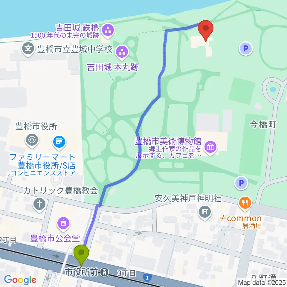 豊橋市三の丸会館の最寄駅市役所前駅からの徒歩ルート（約7分）地図