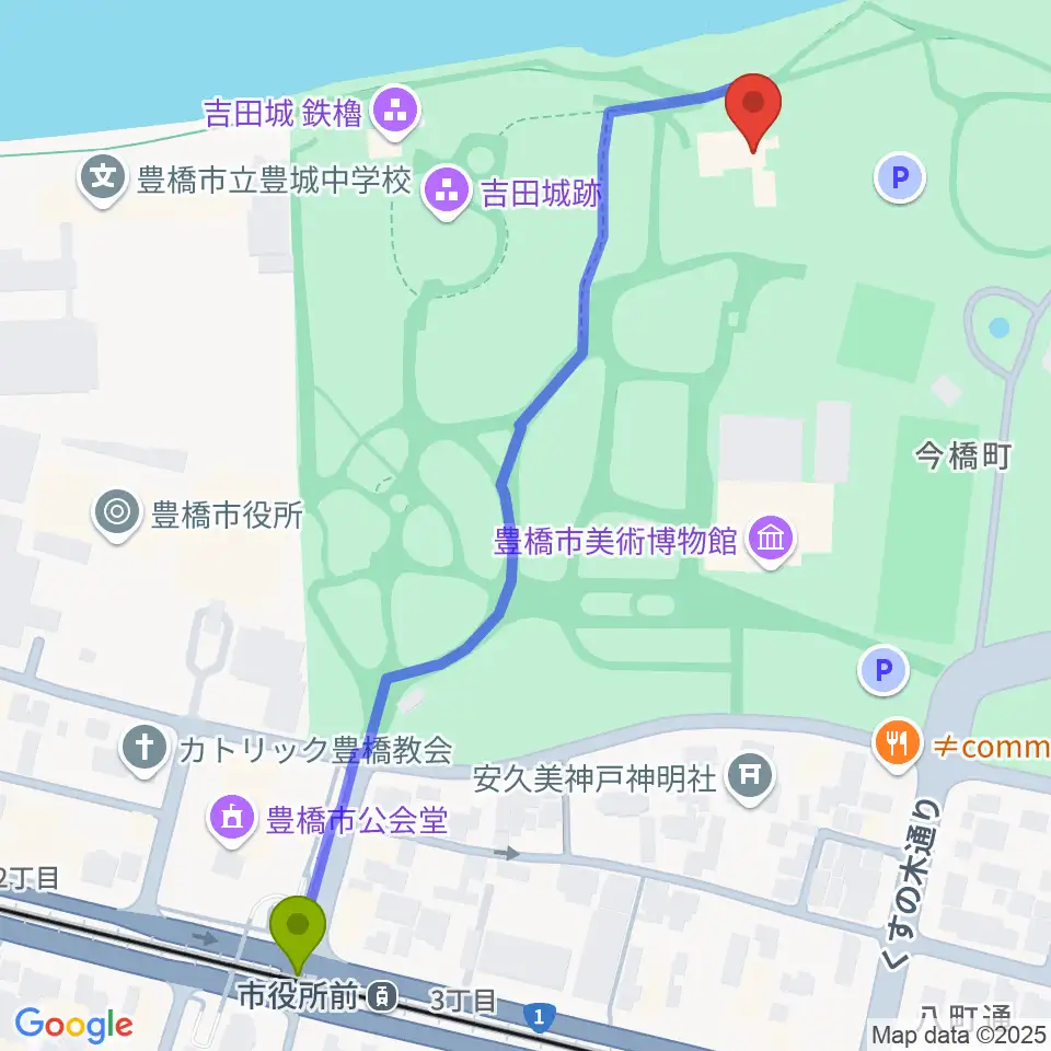 豊橋市三の丸会館の最寄駅市役所前駅からの徒歩ルート（約7分）地図