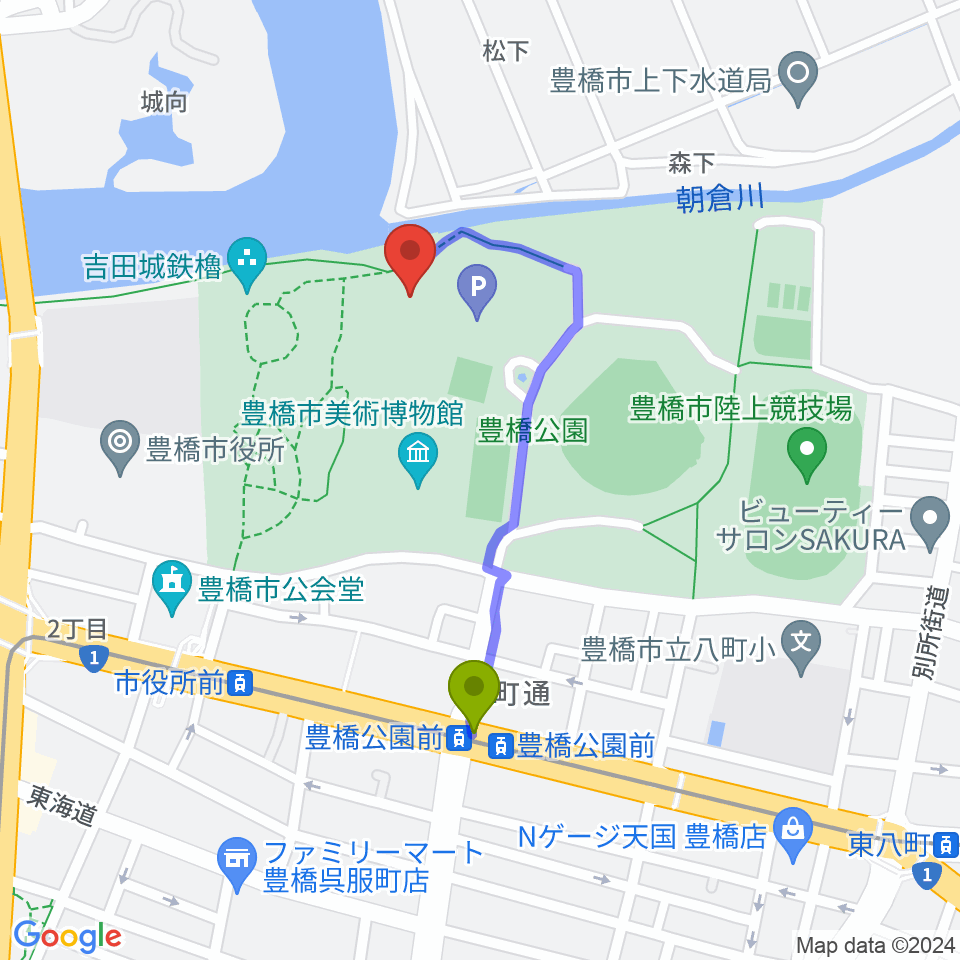 豊橋公園前駅から豊橋市三の丸会館へのルートマップ地図