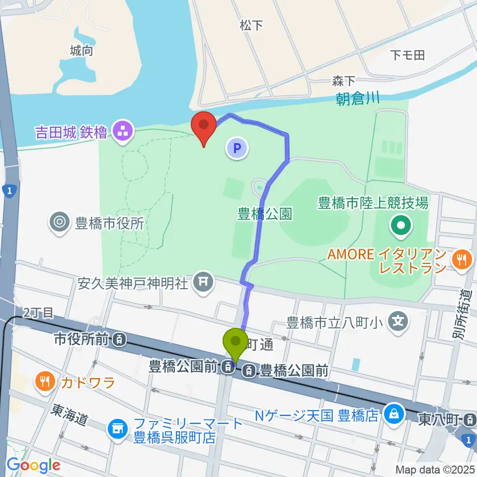 豊橋公園前駅から豊橋市三の丸会館へのルートマップ地図