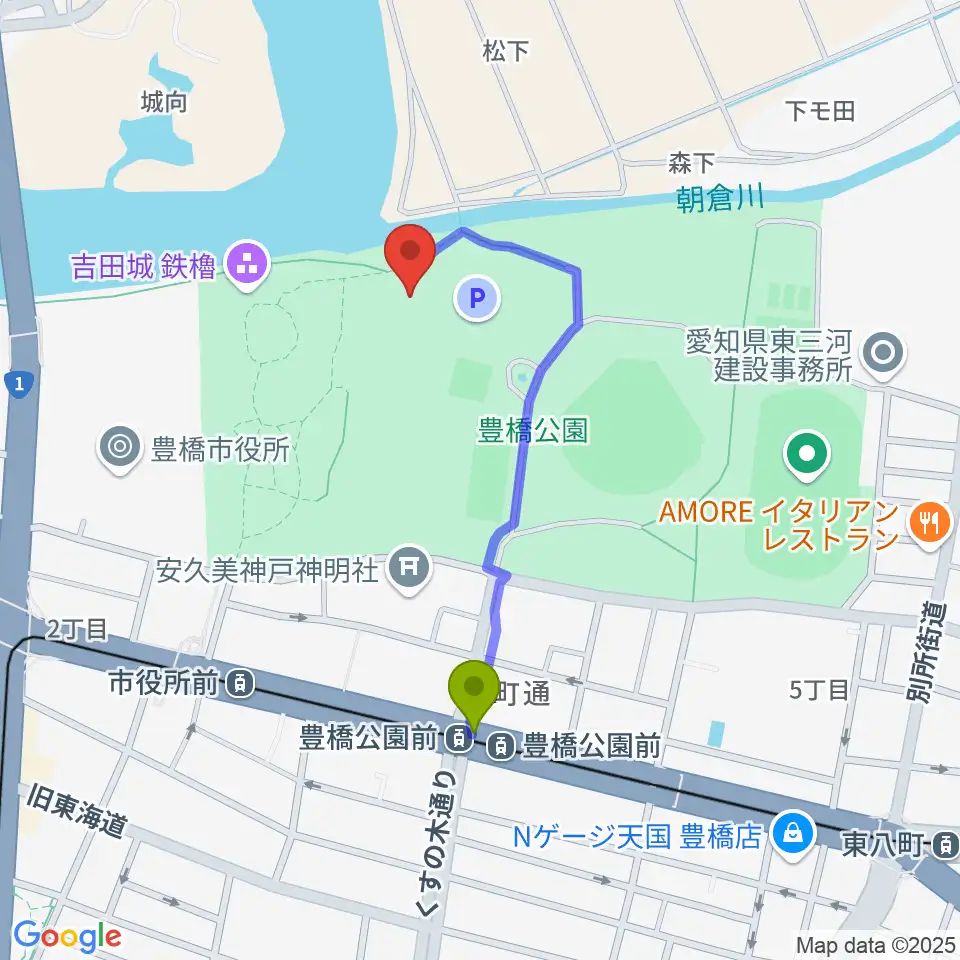 豊橋公園前駅から豊橋市三の丸会館へのルートマップ地図